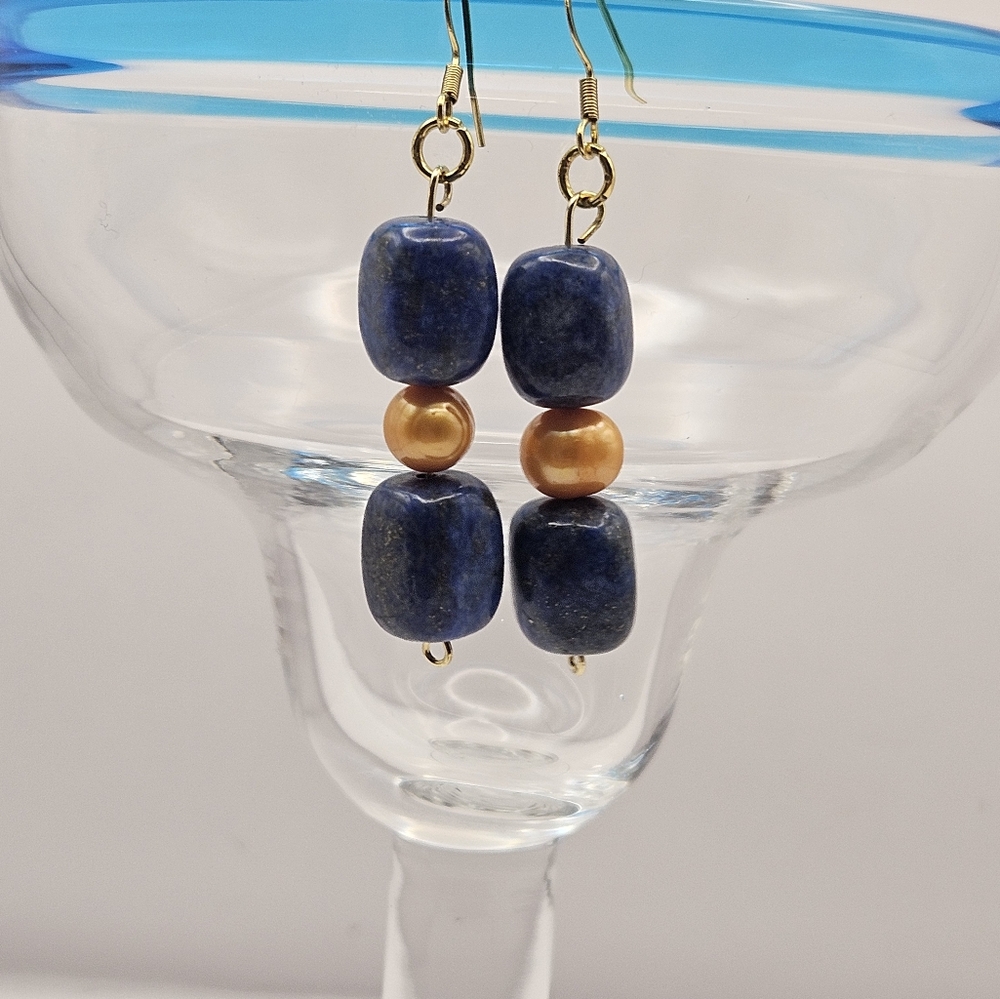 Handmade Lapis Lazuli Freshwater Pearl Fishhook Earings